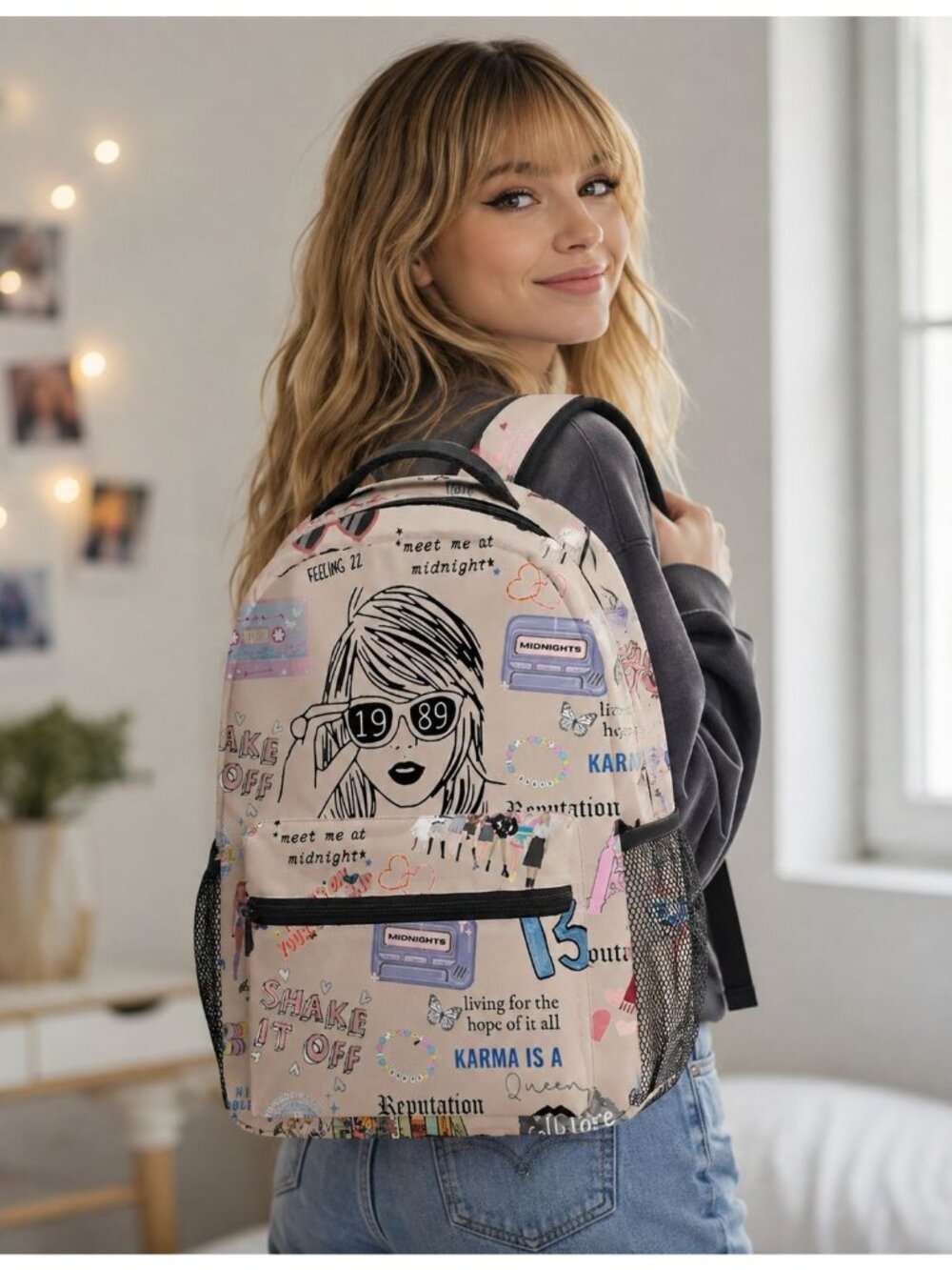 Taylor Swift Eras-themed graphic backpack features an all-over collage Print